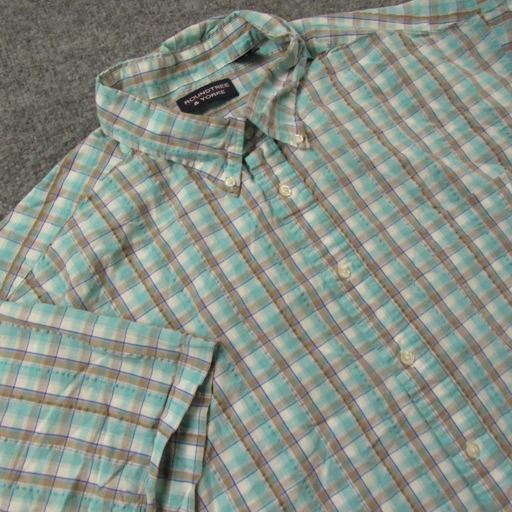 Roundtree & Yorke Shirt Mens 3XL Seersucker Green Blue Plaid Short Sleeve Cotton